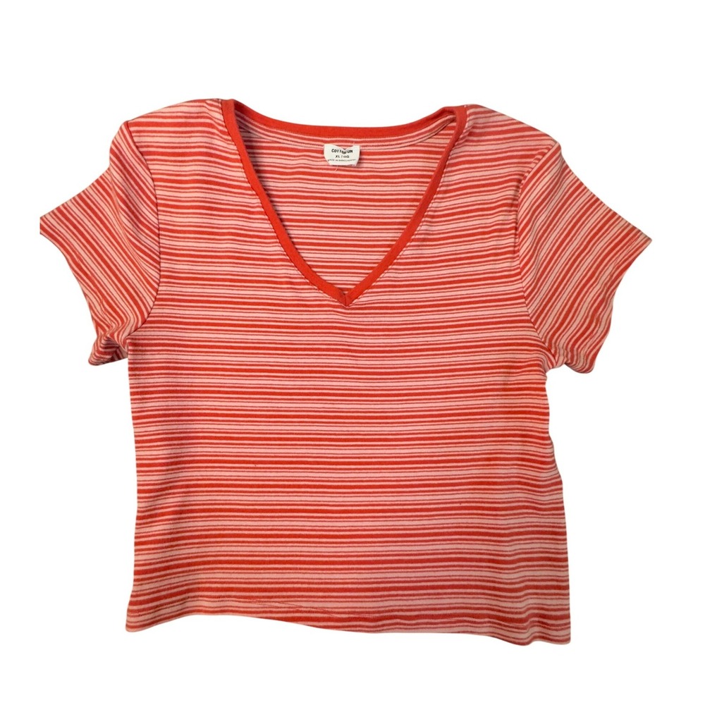 Cotton On V-Neck Tee Red Pink Striped Baby Tee Y2K Preppy XL